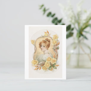 Porträt einer Frau, eingerahmt mit gelben Rosen Postkarte