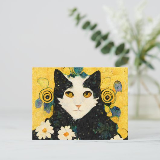 Porträt einer Katze mit Blüten. Jugendstil. Postkarte (Stehend Vorderseite)