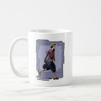 Porträt einer modischen Frau beim Gehen mitten im Kaffeetasse