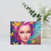 Porträt einer schönen Frau mit leuchtend rosa Postkarte (Stehend Vorderseite)