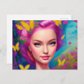 Porträt einer schönen Frau mit leuchtend rosa Postkarte (Vorne/Hinten)