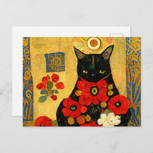 Porträt einer schwarzen Katze im Jugendstil Design Postkarte (Vorne/Hinten)