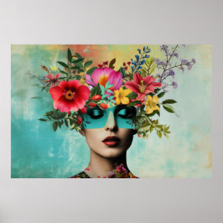 Porträt einer Vintage-Frau mit Blumen Poster