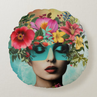 Porträt einer Vintage-Frau mit Blumen Rundes Kissen