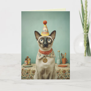 Porträt einer Vintage-Siamesenkatze mit Partyhut Karte