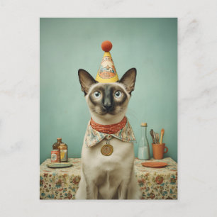 Porträt einer Vintage-Siamesenkatze mit Partyhut Postkarte