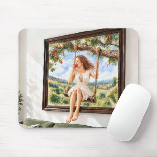 Porträt eines Mädchens auf einer Apfelbaumschaukel Mousepad