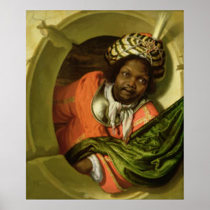 Porträt eines Moors, der eine Flagge an einem Fens Poster