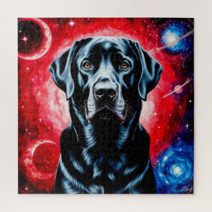 Porträt eines schwarzen Labradors in einem kosmisc Puzzle