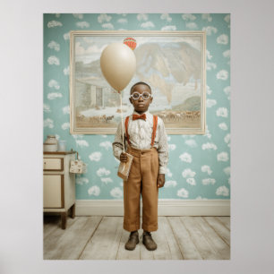 Porträt eines vintage Jungen mit Luftballon Poster