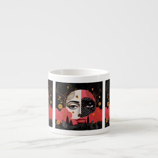 Porträt eines weiblichen Mondgesichts schwarz und Espressotasse (Vorderseite)