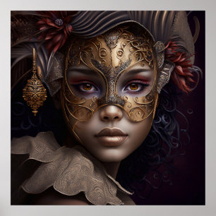 Porträt mit venezianischer Maske in Gold und Burgu Poster