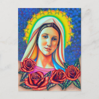 Porträt von Mutter Maria mit Rote Rosen Postkarte