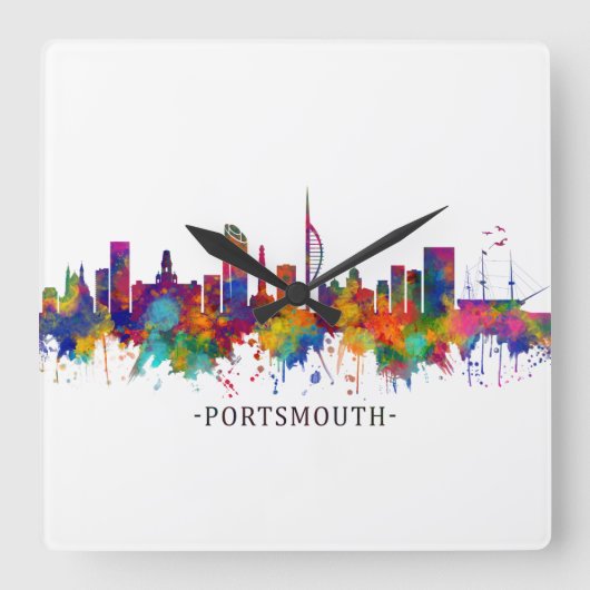 Portsmouth England Skyline Quadratische Wanduhr (Vorderseite)
