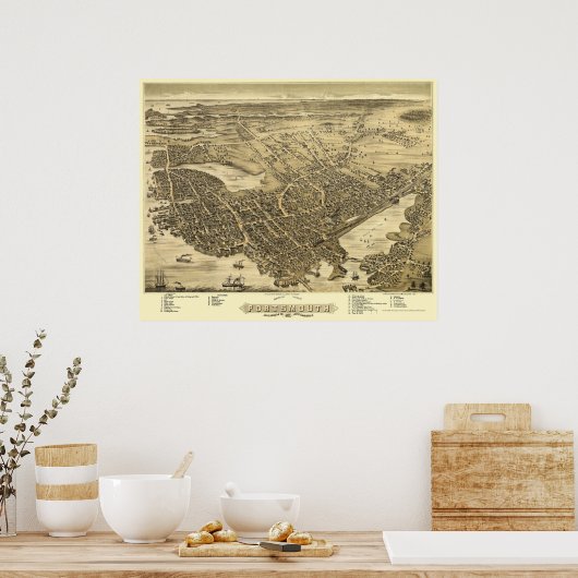Portsmouth, NH Panoramic Map - 1877 Poster (Küche)