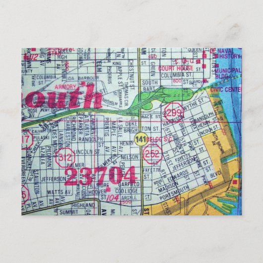 Portsmouth, VA Vintage Karte (Vorderseite)