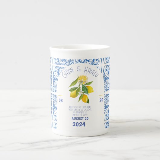 Portugal Hochzeit-Tasse | Blaue Fliesen und Zitron Porzellantasse (Vorderseite)
