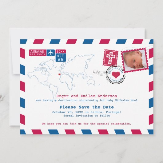 Portugal Red Blue Airmail Foto Taufe Save The Date (Vorderseite)