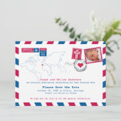 Portugal Red Blue Airmail Foto Taufe Save The Date (Stehend Vorderseite)