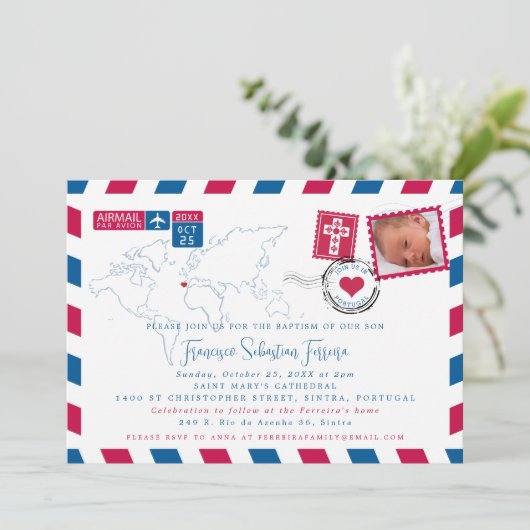 Portugal Red Blue Airmail Foto Taufe Save The Date (Stehend Vorderseite)