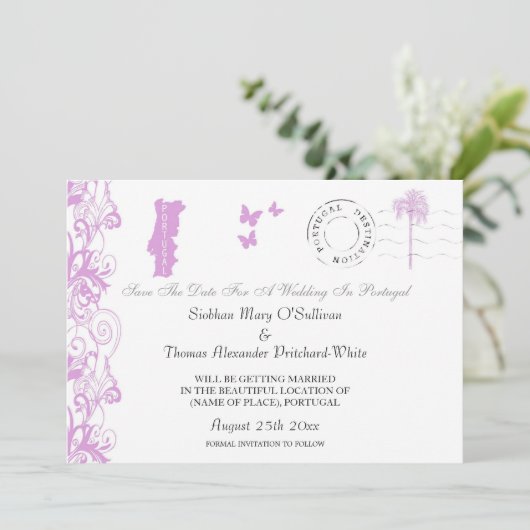 Portugal Save the Date in Pflaume und Weiß (Stehend Vorderseite)