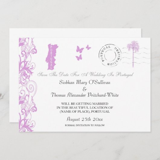 Portugal Save the Date in Pflaume und Weiß (Vorne/Hinten)