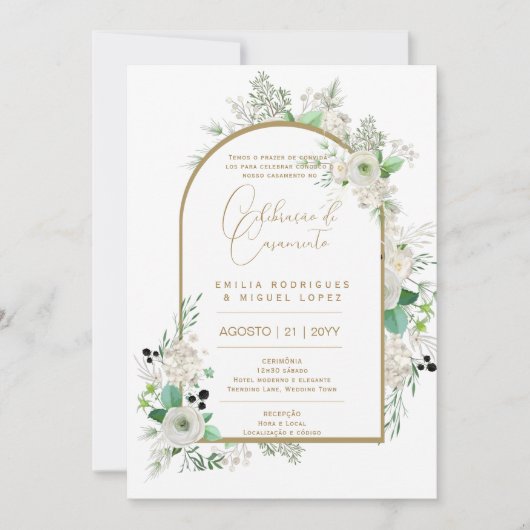 Portugeuse | Casamento Floral White Rosas Brancas Einladung (Vorderseite)