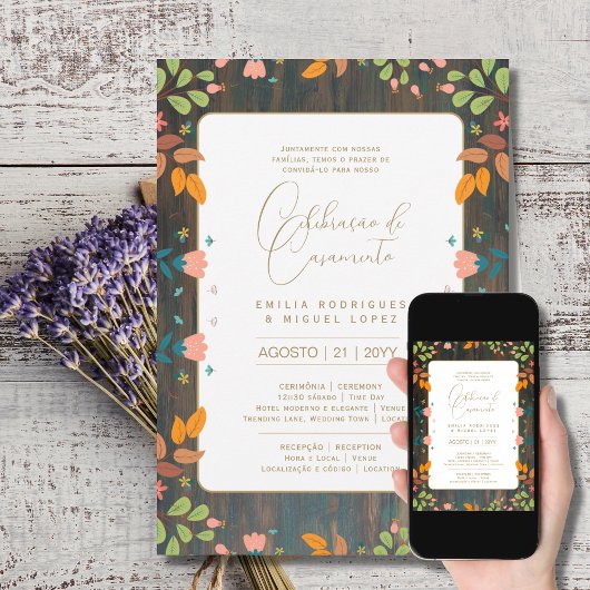 Portugeuse | Casamento Flores Folclóricas Rústica Einladung