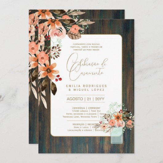 Portugeuse | Casamento Flores Folclóricas Rústica Einladung (Vorne/Hinten)