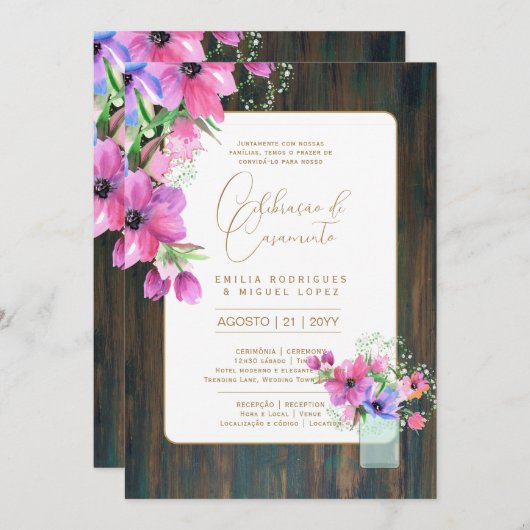 Portugeuse | Casamento Flores Folclóricas Rústica Einladung (Vorne/Hinten)