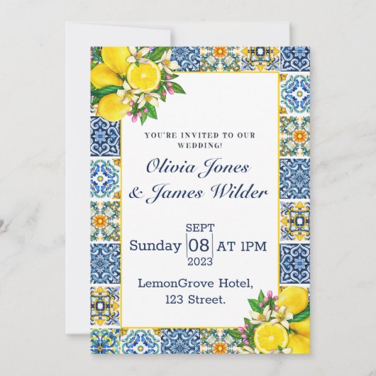 Portugiesisch Azulejo Lemon Tiles Wedding Einladung (Vorderseite)