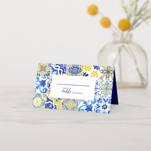 Portugiesisch Azulejos Tile Blue Yellow Wedding Platzkarte (Vorderseite)