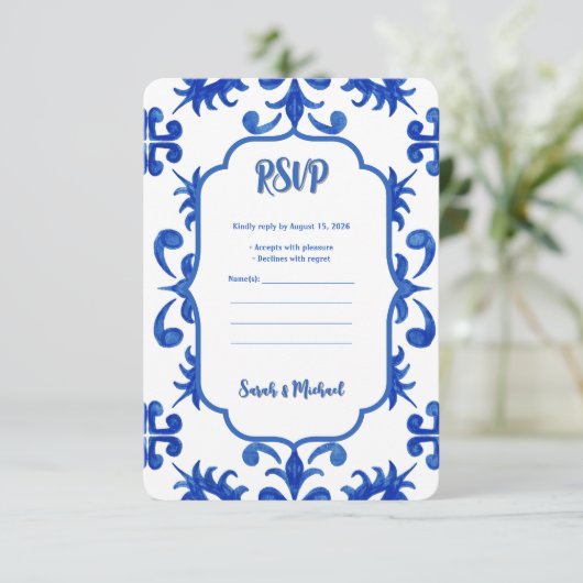 Portugiesisch-blaue Farbtöne Save The Date (Stehend Vorderseite)