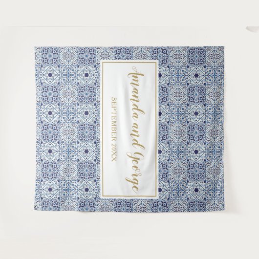 Portugiesisch-blaue Kacheln Hintergrund Hochzeiten Wandteppich (Vorderseite (Horizontal))