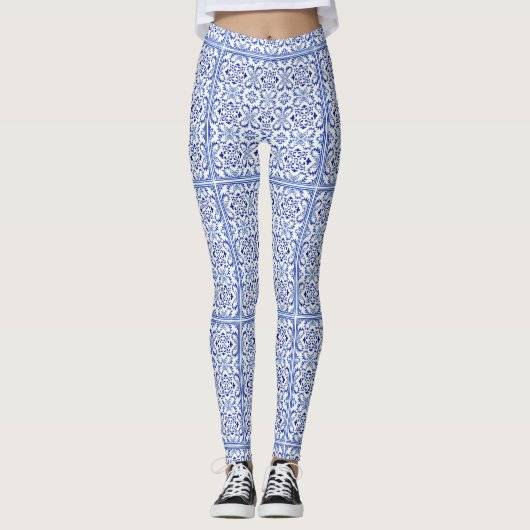 Portugiesisch Blue Azulejo Tile Art Leggings (Vorderseite)