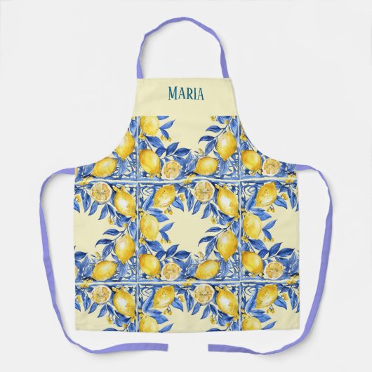 Portugiesisch inspiriert Zitronen auf blau Schürze (Vorderseite)
