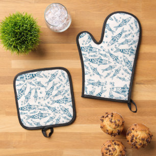 Portugiesisch Lissabon Sardines Pattern Azulejos W Ofenhandschuh & Topflappen-Set