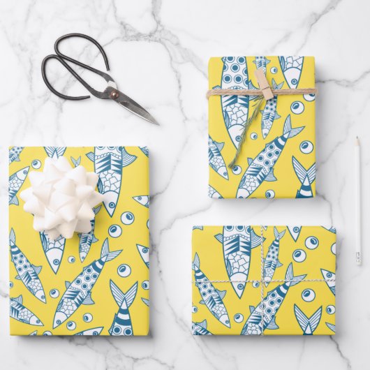 Portugiesisch Sardines Pattern Azulejos Yellow Geschenkpapier Set (Vorderseite)