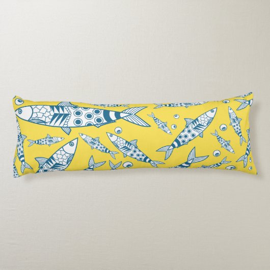 Portugiesisch Sardines Pattern Azulejos Yellow Seitenschläferkissen (Rückseite)