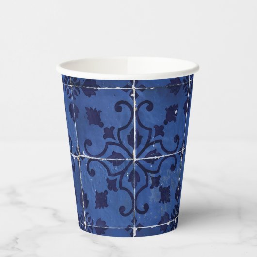 Portugiesisch Tiles - Azulejo Blue Floral Leaf Des Pappbecher (Links)