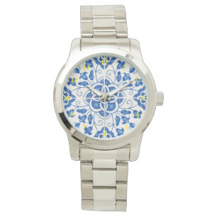 Portugiesisch Tiles Azulejos Floral Elegant Blue Armbanduhr