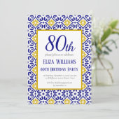Portugiesisch Tiles Blue 80. Geburtstag Mittelmeer Einladung (Stehend Vorderseite)