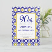 Portugiesisch Tiles Blue 90. Geburtstag Mittelmeer Einladung (Stehend Vorderseite)