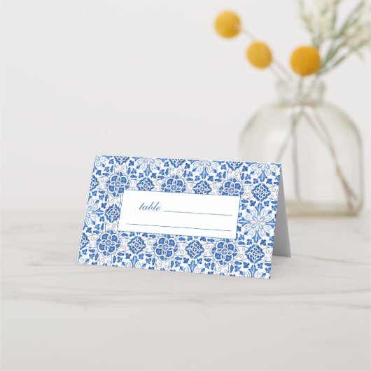 Portugiesisch Tiles Blue Floral Wedding Platzkarte (Vorderseite)