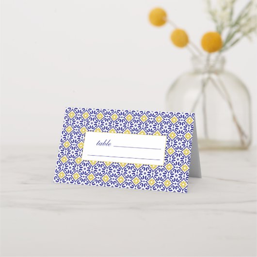 Portugiesisch Tiles Blue Floral Wedding Platzkarte (Vorderseite)