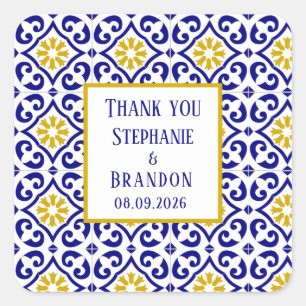 Portugiesisch Tiles Blue Mediterranean Wedding Quadratischer Aufkleber