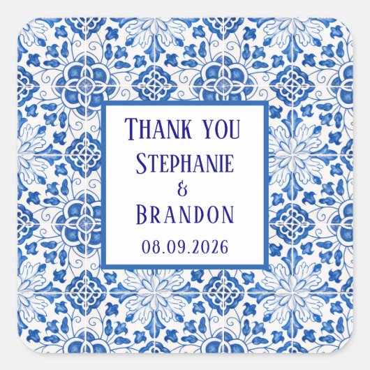 Portugiesisch Tiles Blue Mediterranean Wedding Quadratischer Aufkleber (Vorderseite)