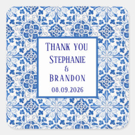 Portugiesisch Tiles Blue Mediterranean Wedding Quadratischer Aufkleber