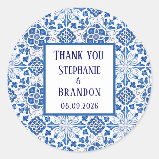 Portugiesisch Tiles Blue Mediterranean Wedding Runder Aufkleber (Vorderseite)