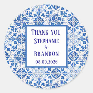 Portugiesisch Tiles Blue Mediterranean Wedding Runder Aufkleber